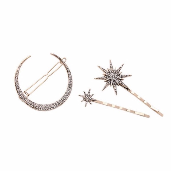 NWT New! 3 Bronze White Rhinestones Star Moon Hair Clips - Picture 5 of 8